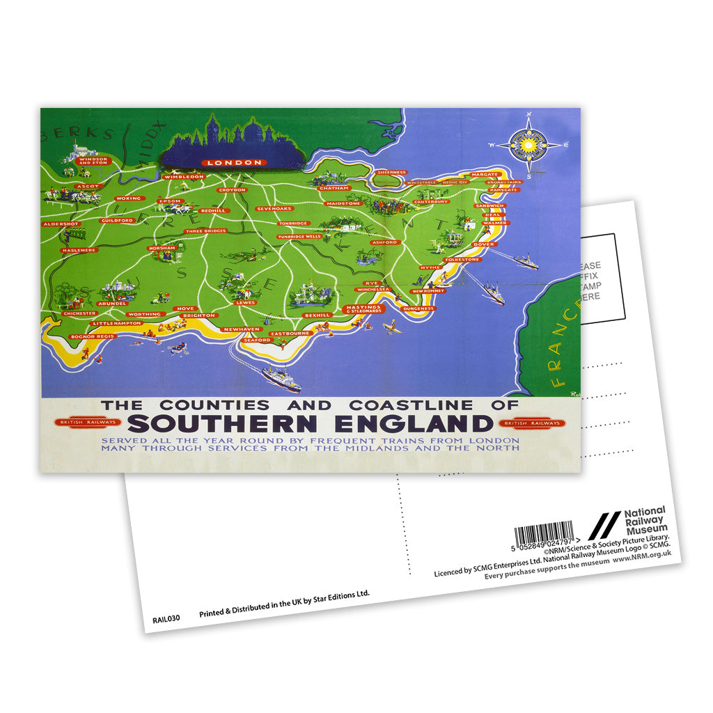 Counties And Coastline Of Southern England Map British Railways Postca counties-and-coastline-of-southern-england-map-british-railways-postca