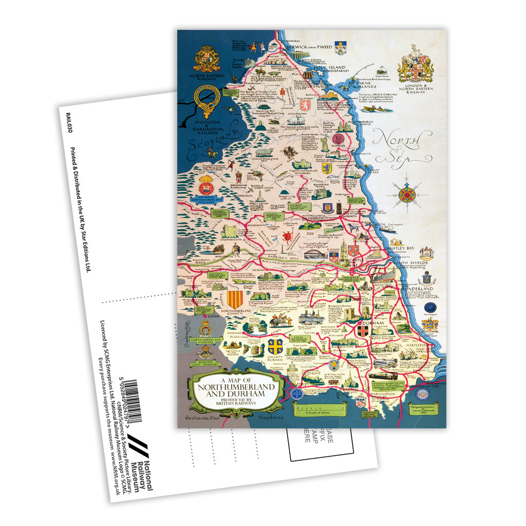 A Map of Northumberland and Durham Postcard Pack of 8