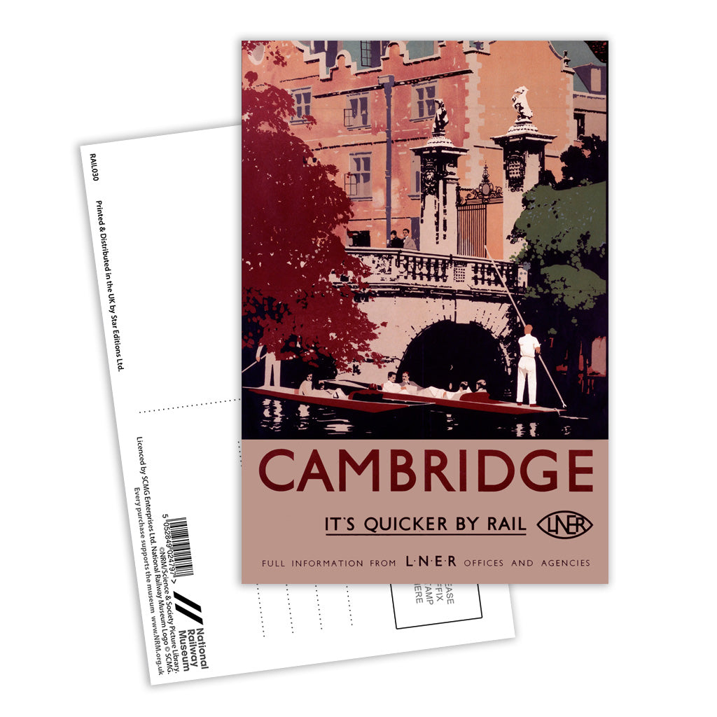 Cambridge it's Quicker by Rail - Punting Postcard Pack of 8