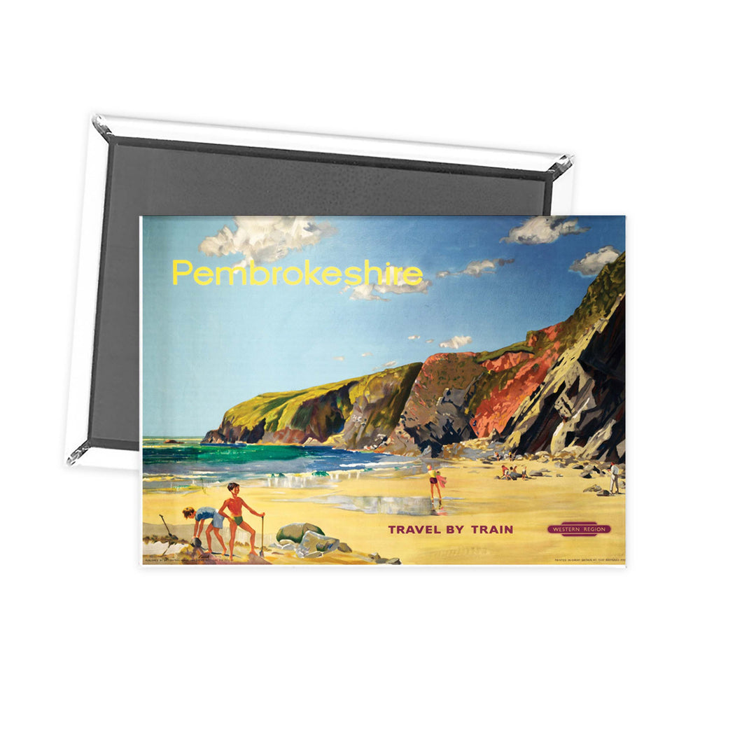 Pembrokeshire Travel by Train - Beach scene Fridge Magnet