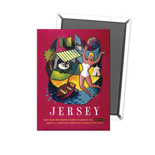 Jersey red British rail Poster - Woman in white swimsuit Fridge Magnet