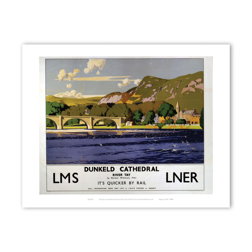 Dunkeld Cathedral on the river tay - Quicker by rail LNER Art Print