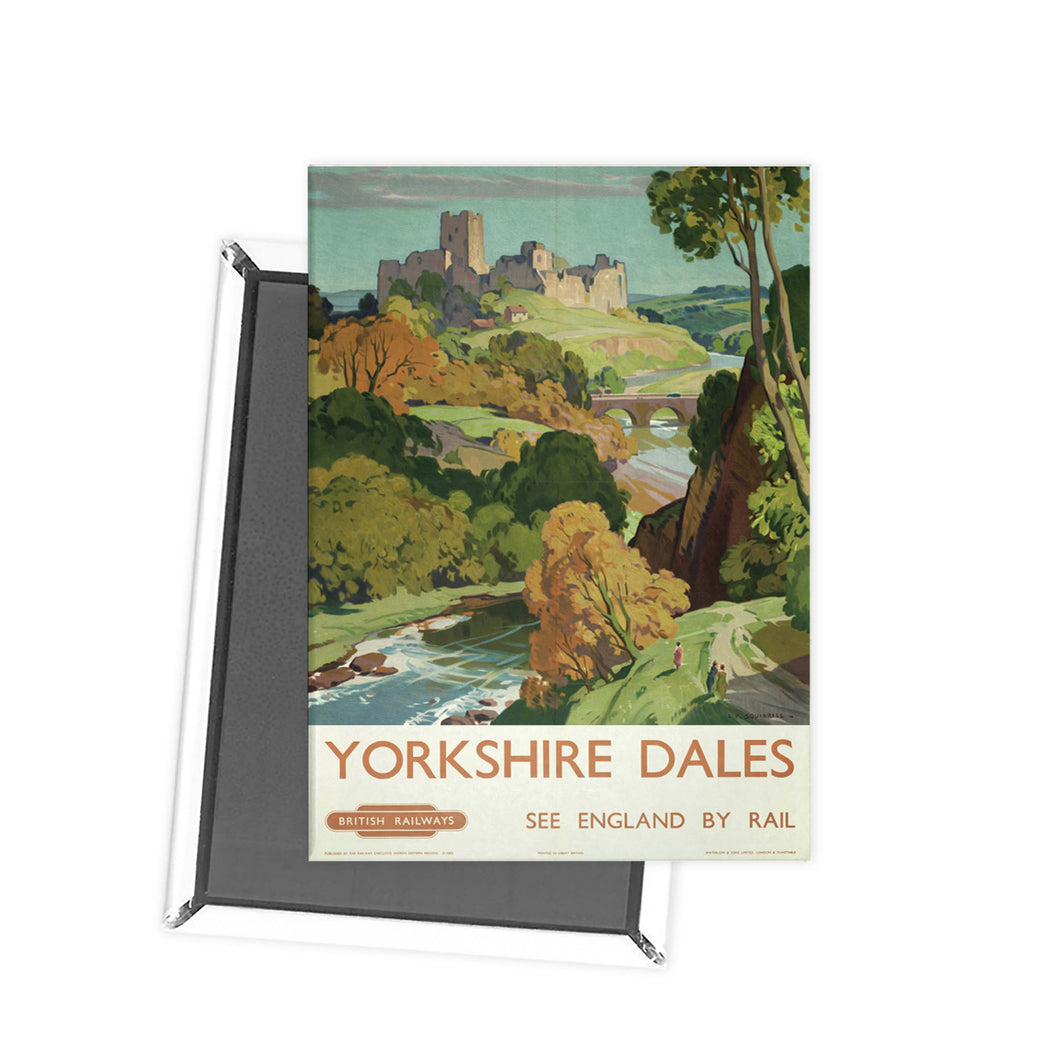 Yorkshire Dales - See england by Rail hilltop castle painting Fridge Magnet